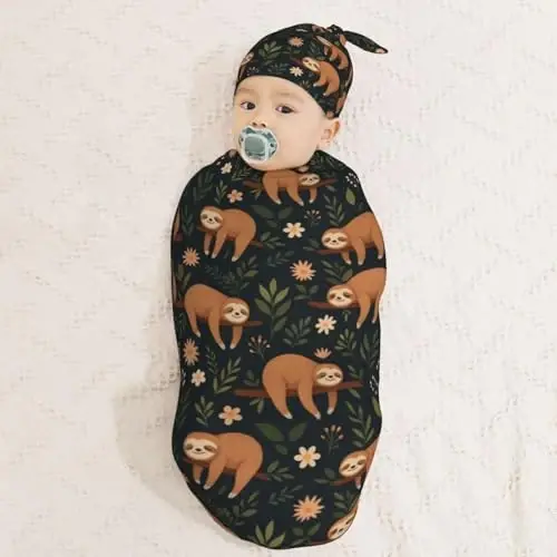 Muishi Funny Cute Sloth On Tree Branch Newborn Swaddle Blankets Hat Sets Soft Baby Receiving Blanket Swaddle Sack for Baby Shower Infant Boy Girl Gift - 3