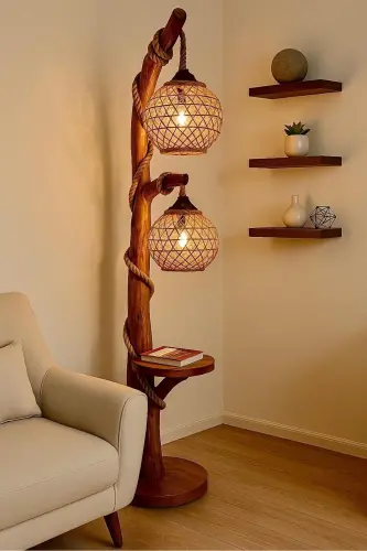 Ağaç Lambader 140 Cm Yalıkavak Serisi Doğal Ahşap Lambader Kütük Köşe Aydınlatma - Çam - 3