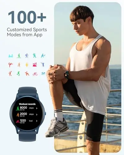AGPTEK Ayollar va erkaklar uchun aqlli soat, Android va iOS telefonlar uchun 5ATM suvga chidamli aqlli soat, 100+ sport rejimi bilan fitnes treker soati, yurak urish tezligi monitori pedometri uyqu monitori, ko'k - 4