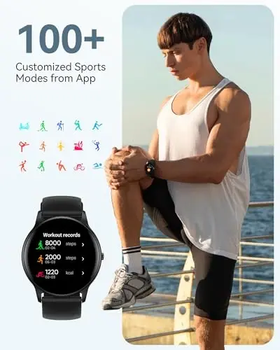 AGPTEK Ayollar va erkaklar uchun aqlli soat, Android va iOS telefonlari uchun 5ATM suv o'tkazmaydigan aqlli soat, 100+ sport rejimi bilan fitnes treker soati, yurak urish tezligini kuzatuvchi pedometr uyqu monitori, qora - 4