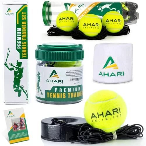 Ahari Unlimited Premium Tennis Trainer Set, Pro Rebounder with Metal Base in a Carrying Cylinder, 3 Replacement Rebound Balls, & Wristband, Portable Tennis Practice Equipment for Solo Training. - Ahari Unlimited