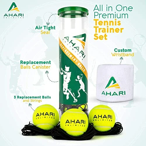 Ahari Unlimited Premium Tennis Trainer Set, Pro Rebounder with Metal Base in a Carrying Cylinder, 3 Replacement Rebound Balls, & Wristband, Portable Tennis Practice Equipment for Solo Training. - Ahari Unlimited (1)