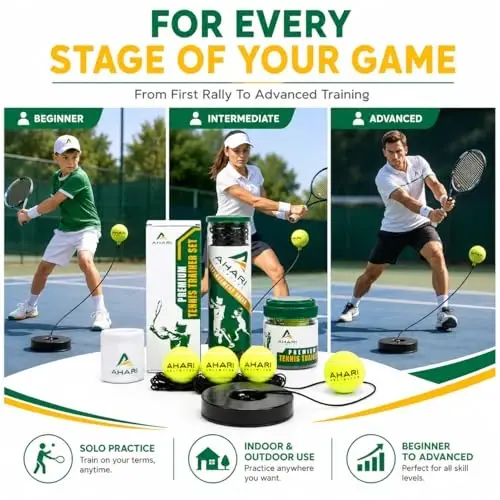 Ahari Unlimited Premium Tennis Trainer Set, Pro Rebounder with Metal Base in a Carrying Cylinder, 3 Replacement Rebound Balls, & Wristband, Portable Tennis Practice Equipment for Solo Training - 3
