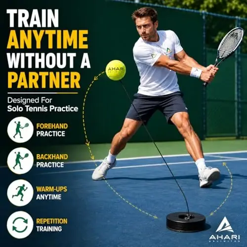Ahari Unlimited Premium Tennis Trainer Set, Pro Tennis Rebounder with Metal Base in a Carrying Cylinder, 3 Replacement Rebound Balls, & Wristband, Portable Tennis Practice Equipment for Solo Training - 1