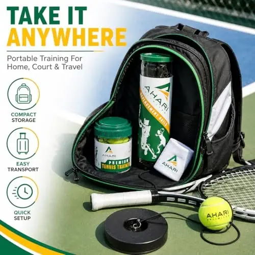 Ahari Unlimited Premium Tennis Trainer Set, Pro Tennis Rebounder with Metal Base in a Carrying Cylinder, 3 Replacement Rebound Balls, & Wristband, Portable Tennis Practice Equipment for Solo Training - 5