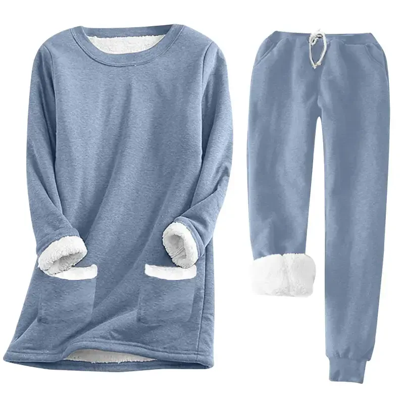 AherBiu Women Fleece Lined Sweatsuit 2 Piece Outfit Winter Warm Basic Tops Tees with Sweatpants Sets Loungewear - 4