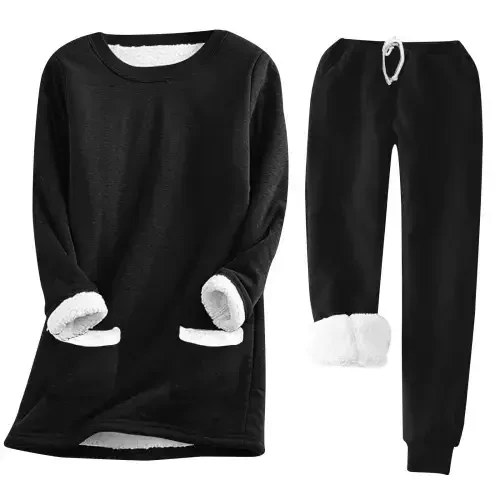 AherBiu Women Fleece Lined Sweatsuit 2 Piece Outfit Winter Warm Basic Tops Tees with Sweatpants Sets Loungewear - 4