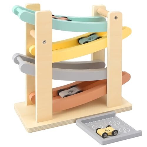 Joyreal Montessori Toys for 1 2 Year Old Boys and Girls - Soft Color Wooden Car Ramp Race Track Set with 4 Mini Cars & Garage - Christmas Birthday Gifts for Toddlers 1-3 Year Old - Joyreal