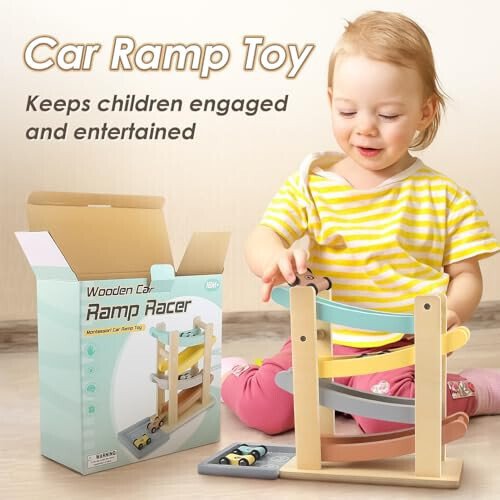 Joyreal Montessori Toys for 1 2 Year Old Boys and Girls - Soft Color Wooden Car Ramp Race Track Set with 4 Mini Cars & Garage - Christmas Birthday Gifts for Toddlers 1-3 Year Old - 4