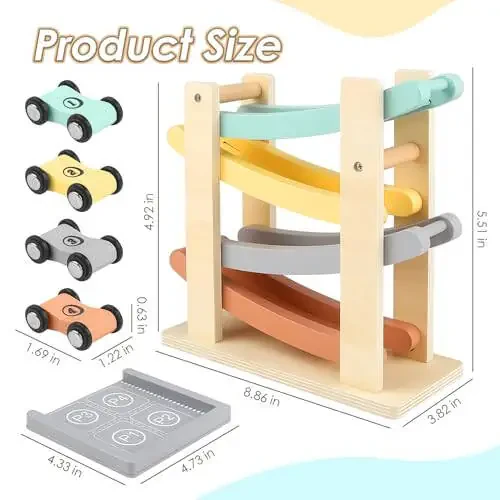 Joyreal Montessori Toys for 1 2 Year Old Boys and Girls - Soft Color Wooden Car Ramp Race Track Set with 4 Mini Cars & Garage - Christmas Birthday Gifts for Toddlers 1-3 Year Old - 5