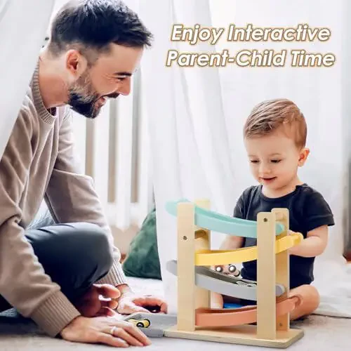 Joyreal Montessori Toys for 1 2 Year Old Boys and Girls - Soft Color Wooden Car Ramp Race Track Set with 4 Mini Cars & Garage - Christmas Birthday Gifts for Toddlers 1-3 Year Old - 6