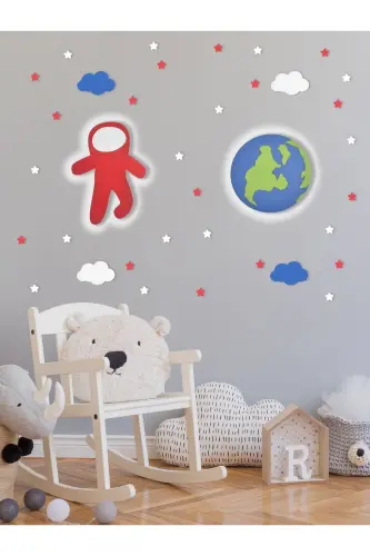 Ahşap Astronot Ve Dünya Figürlü Bebek Ve Çocuk Odası Dekoratif Ledli Aydınlatma/gece Lambası 2li Set - Kırmızı-Mavi2 