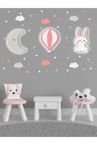 Ahşap Ay Balon Ve Tavşan Figürlü Bebek Ve Çocuk Odası Dekoratif Aydınlatma/gece Lambası 3lü Set - Gri-Pembe-Beyaz - 1
