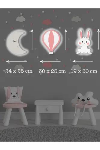Ahşap Ay Balon Ve Tavşan Figürlü Bebek Ve Çocuk Odası Dekoratif Aydınlatma/gece Lambası 3lü Set - Gri-Pembe-Beyaz - 3
