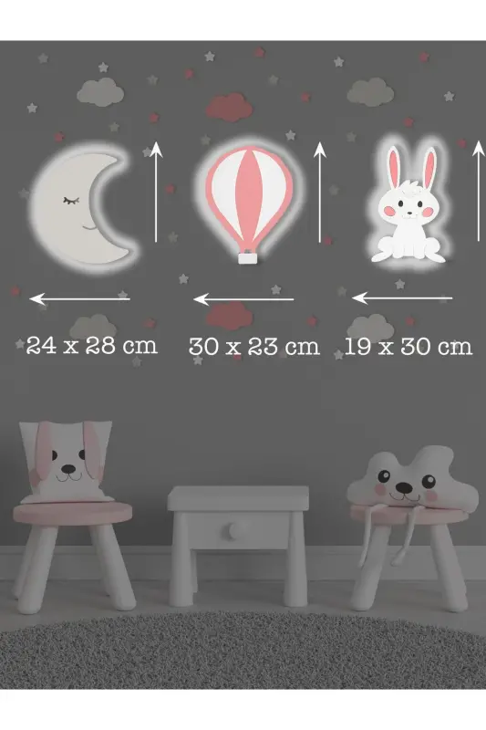 Ahşap Ay Balon Ve Tavşan Figürlü Bebek Ve Çocuk Odası Dekoratif Aydınlatma/gece Lambası 3lü Set - Gri-Pembe-Beyaz - 3
