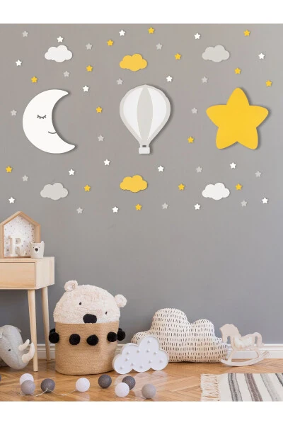 Ahşap Ay Balon Ve Yıldız Figürlü Bebek Ve Çocuk Odası Dekoratif Aydınlatma/gece Lambası 3lü Set-Gri - Uniqraft Design (1)