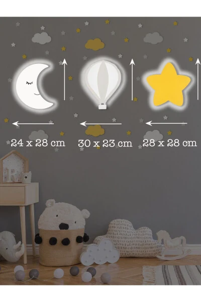 Ahşap Ay Balon Ve Yıldız Figürlü Bebek Ve Çocuk Odası Dekoratif Aydınlatma/gece Lambası 3lü Set-Gri - 3