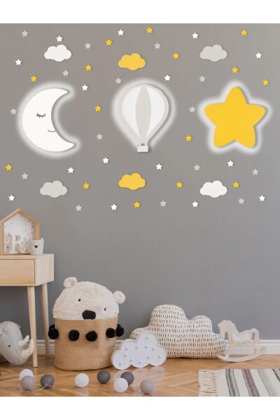 Ahşap Ay Balon Ve Yıldız Figürlü Bebek Ve Çocuk Odası Dekoratif Aydınlatma/gece Lambası 3lü Set-Gri - Uniqraft Design