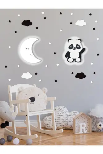 Ahşap Ay Ve Panda Figürlü Bebek Ve Çocuk Odası Dekoratif Ledli Aydınlatma/gece Lambası 2li Set - Beyaz-Siyah 