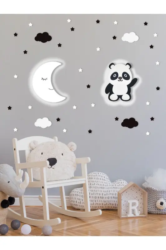Ahşap Ay Ve Panda Figürlü Bebek Ve Çocuk Odası Dekoratif Ledli Aydınlatma/gece Lambası 2li Set - Beyaz-Siyah - 1
