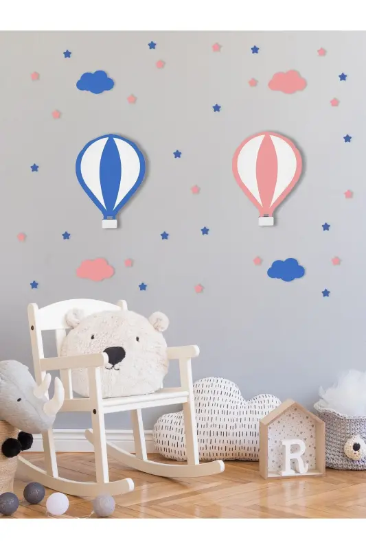 Ahşap Balon Figürlü İkiz Bebek ve Çocuk Odası Dekoratif Ledli Aydınlatma/Gece Lambası 2li Set-Pembe - 2