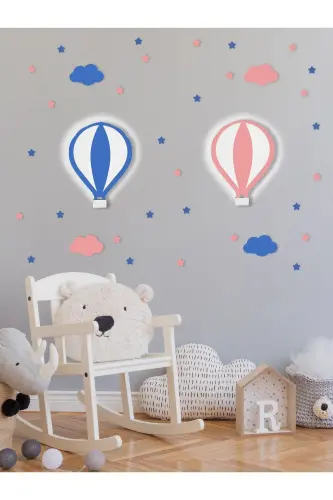 Ahşap Balon Figürlü İkiz Bebek ve Çocuk Odası Dekoratif Ledli Aydınlatma/Gece Lambası 2li Set - Pembe-Mavi - 1