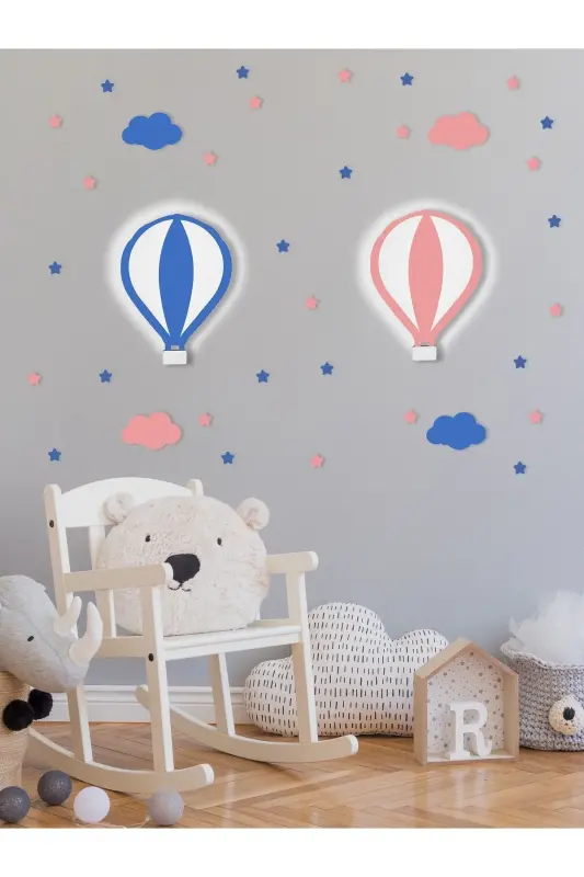 Ahşap Balon Figürlü İkiz Bebek ve Çocuk Odası Dekoratif Ledli Aydınlatma/Gece Lambası 2li Set - Pembe-Mavi - 1
