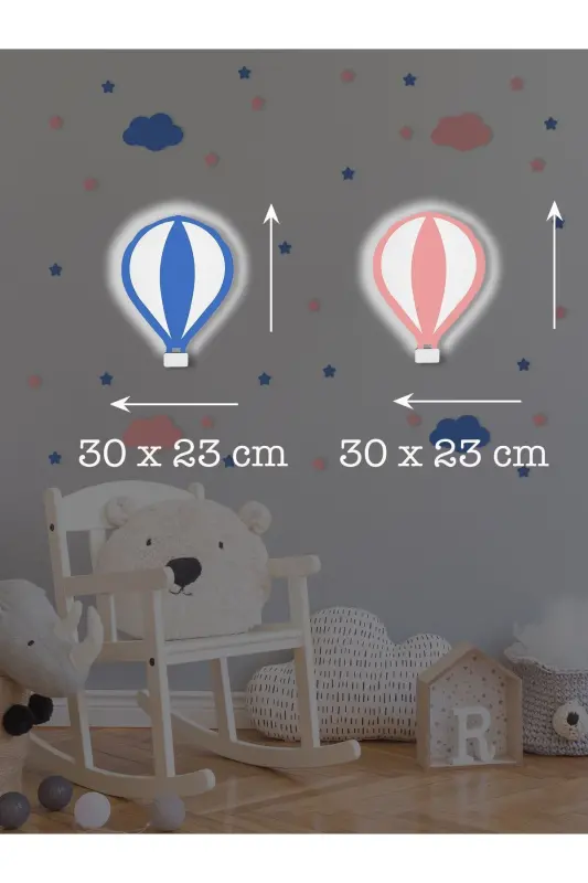 Ahşap Balon Figürlü İkiz Bebek ve Çocuk Odası Dekoratif Ledli Aydınlatma/Gece Lambası 2li Set - Pembe-Mavi - 3