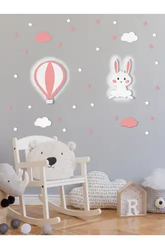 Ahşap Balon va Tavşan Figürlü Bebek va Çocuk Odası Dekoratif Ledli Aydınlatma/Gece Lambası 2li Set-Pembe - 1