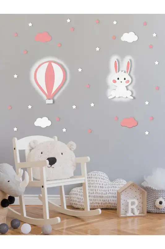 Ahşap Balon va Tavşan Figürlü Bebek va Çocuk Odası Dekoratif Ledli Aydınlatma/Gece Lambası 2li Set-Pembe - UNIQRAFT DESIGN
