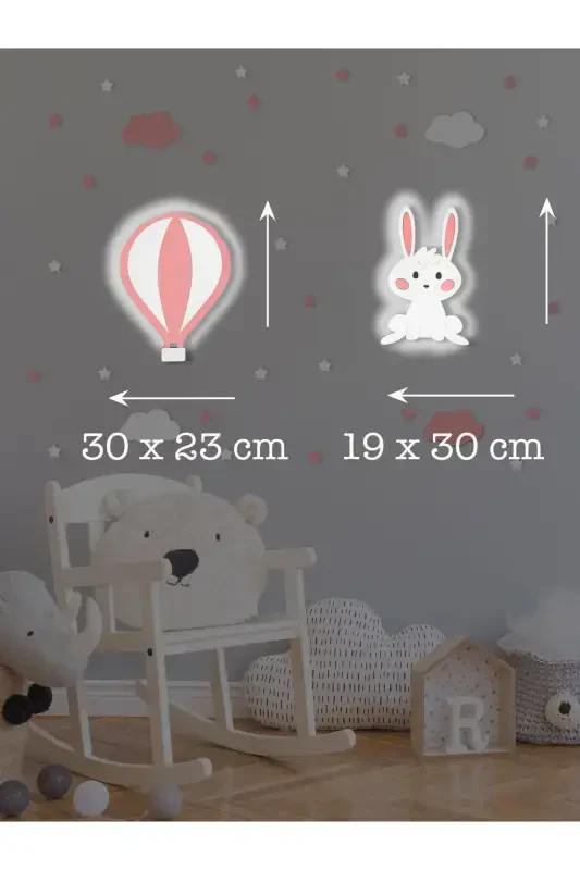 Ahşap Balon va Tavşan Figürlü Bebek va Çocuk Odası Dekoratif Ledli Aydınlatma/Gece Lambası 2li Set-Pembe - 3
