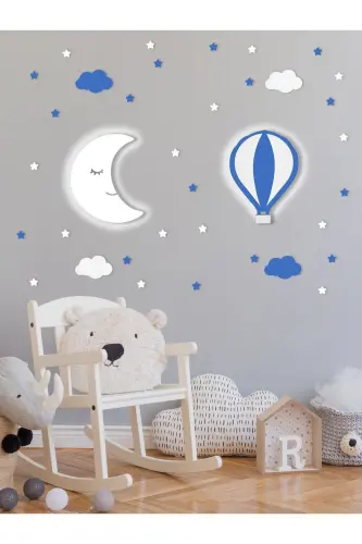 Ahşap Balon ve Ay Figürlü Bebek ve Çocuk Odası Dekoratif Ledli Aydınlatma/Gece Lambası 2li Set-Mavi - 1