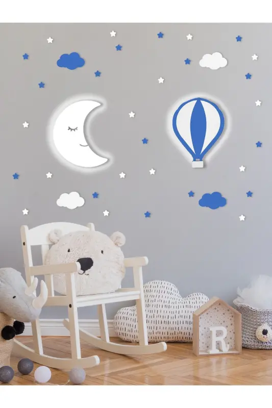 Ahşap Balon ve Ay Figürlü Bebek ve Çocuk Odası Dekoratif Ledli Aydınlatma/Gece Lambası 2li Set - Mavi-Beyaz - UNIQRAFT DESIGN