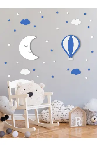 Ahşap Balon ve Ay Figürlü Bebek ve Çocuk Odası Dekoratif Ledli Aydınlatma/Gece Lambası 2li Set - Mavi-Beyaz - UNIQRAFT DESIGN (1)