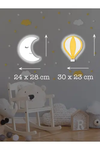 Ahşap Balon ve Ay Figürlü Bebek ve Çocuk Odası Dekoratif Ledli Aydınlatma/Gece Lambası 2li Set - Sarı-Beyaz - 3