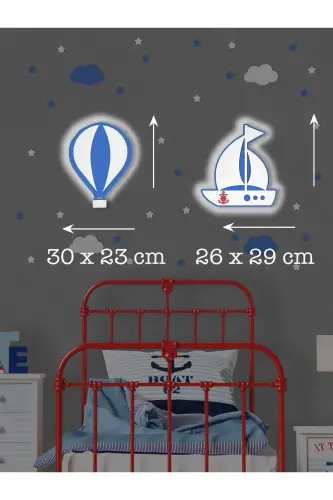Ahşap Balon Ve Gemi Figürlü Bebek Ve Çocuk Odası Dekoratif Ledli Aydınlatma/gece Lambası 2li Set-Mavi - 3