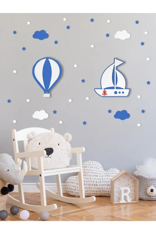 Ahşap Balon Ve Gemi Figürlü Bebek Ve Çocuk Odası Dekoratif Ledli Aydınlatma/gece Lambası 2li Set - Mavi-Mavi - 2