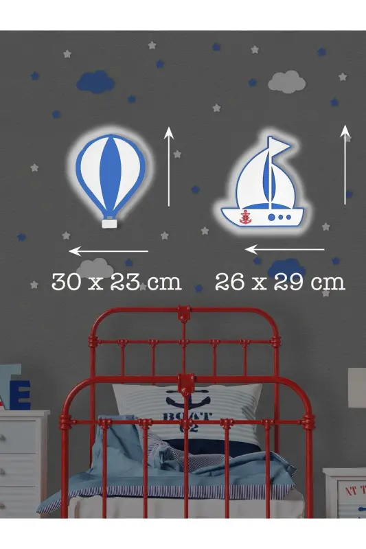 Ahşap Balon Ve Gemi Figürlü Bebek Ve Çocuk Odası Dekoratif Ledli Aydınlatma/gece Lambası 2li Set - Mavi-Mavi - 3