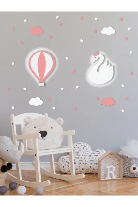 Ahşap Balon Ve Kuğu Figürlü Bebek Ve Çocuk Odası Dekoratif Ledli Aydınlatma/gece Lambası 2li Set-Pembe - 1