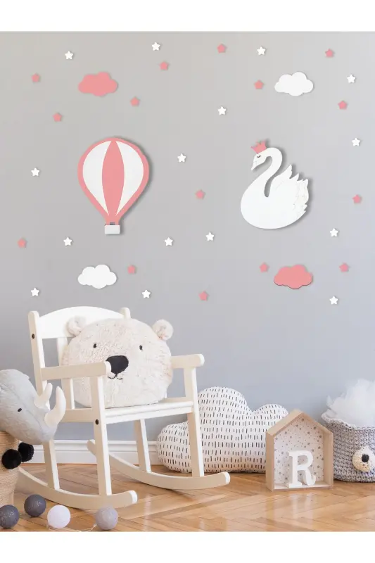 Ahşap Balon Ve Kuğu Figürlü Bebek Ve Çocuk Odası Dekoratif Ledli Aydınlatma/gece Lambası 2li Set - Pembe-Beyaz4 - 2