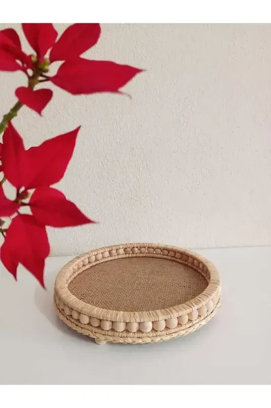 Ahşap Banyo Düzenleyici Sepet Modeli Dekoratif Ahşap Hasır Doğal Rafya Tepsi Modeli Çap 20 Cm - 3