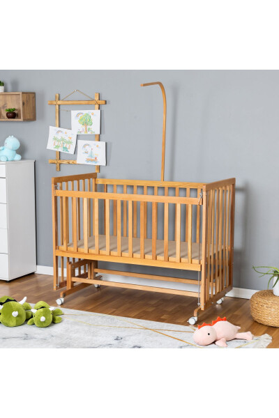 Ahşap Beşik Anne Yanı Beşik Vernikli 70x130 - Krem Güpür Uyku Seti + Yataklı + Tekerlekli - Doğal Krem Güpür Tekerlekli - 3