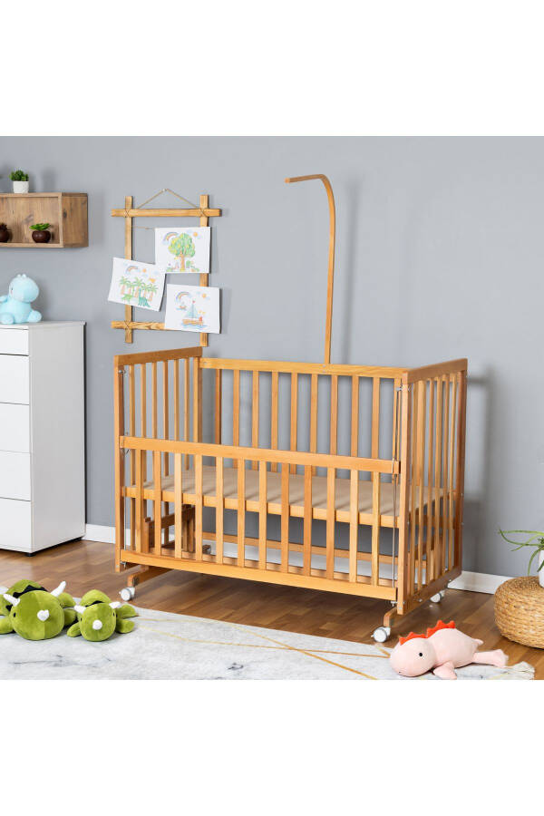 Ahşap Beşik Anne Yanı Beşik Vernikli 70x130 - Krem Güpür Uyku Seti + Yataklı + Tekerlekli - Doğal Krem Güpür Tekerlekli - 5