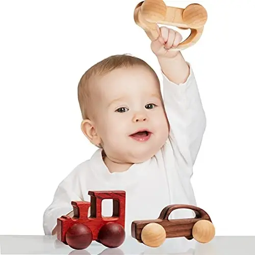 Wooden Rattle Toy Baby Wooden Car Baby Toddler Toy Preschool Education Car Toy 3PCS Newborn Gift - 2