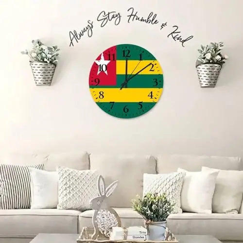 Wooden Wall Clock Non-Ticking Sweep Movement Togo Flag Vintage Wall Clocks Patriotic Vanity Gift Wall Decor for Restroom Home Daycare 15 Inch - 5
