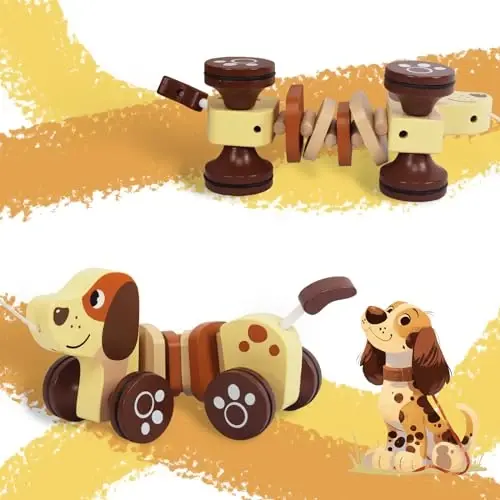 WoodenEdu Baby Toys Car,Wooden Pull Along Toddler Toy, Developmental Toy for 1 Year Old Girl Boy Birthday Gift - 4