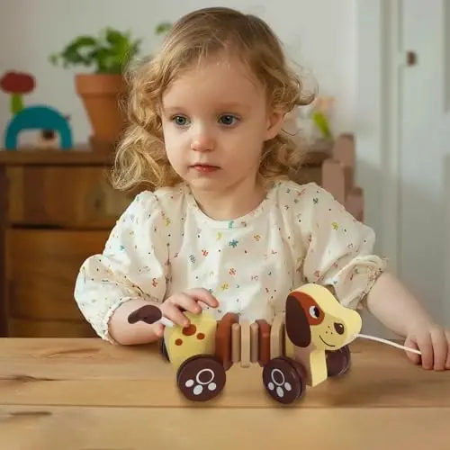 WoodenEdu Baby Toys Car,Wooden Pull Along Toddler Toy, Developmental Toy for 1 Year Old Girl Boy Birthday Gift - 6