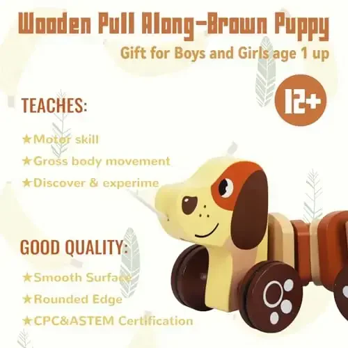 WoodenEdu Baby Toys Car,Wooden Pull Along Toddler Toy, Developmental Toy for 1 Year Old Girl Boy Birthday Gift - 5