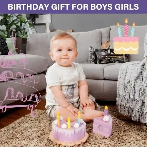 WoodenEdu Pretend Play Food for Toddlers 2-5,Wooden Birthday Fake Cake Toy | Including Candles and Numbers,Tea Party Learning Kitchen Set Birthday Gift Toys for Boys Girls,Cream Cake 