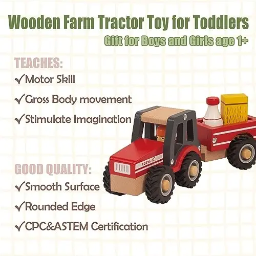 WoodenEdu Wooden Tractor Toys for Toddlers 1-3, Baby Vehicle Toys Hand Push Car Toys for 1 2 3 Year Old Boys Girls (Red) - 2